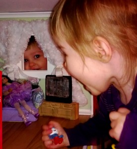 The girls play peekaboo through the windows of the doll house